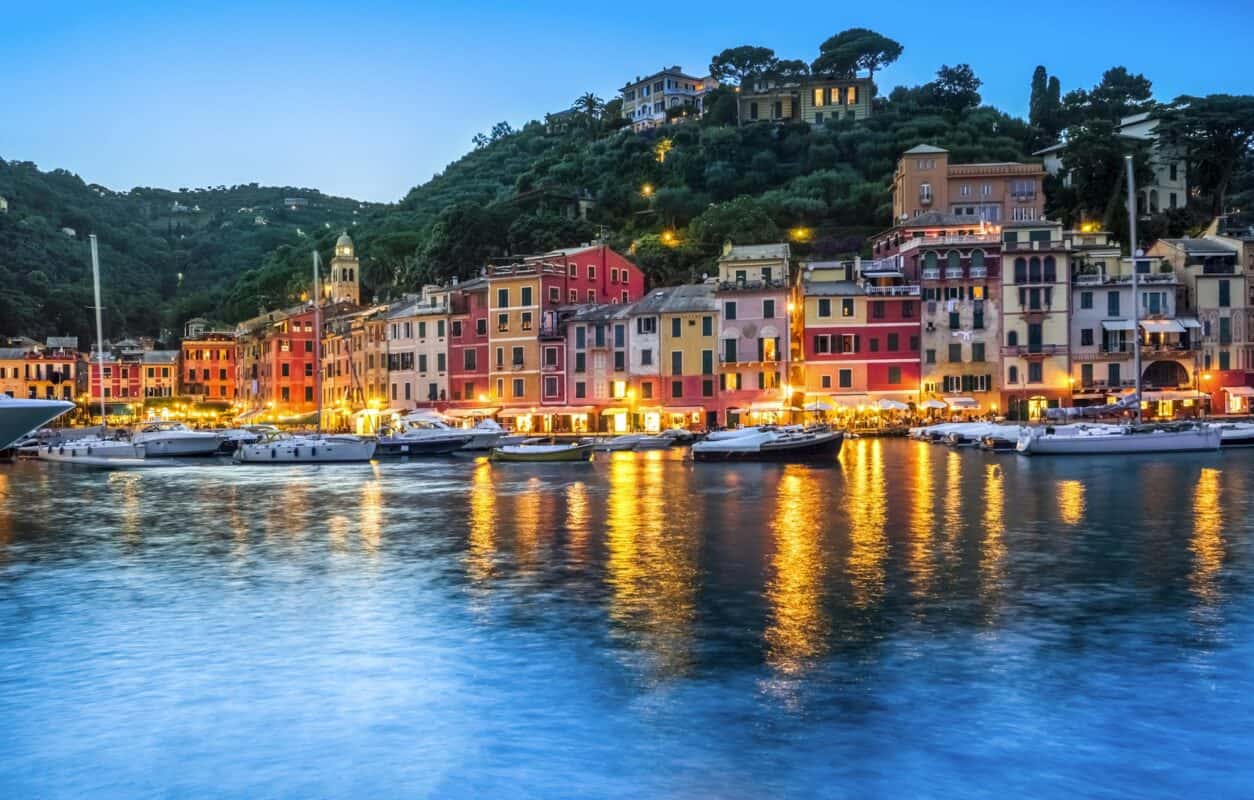 Italy, Liguria, Portofino, boats in harbour at blue hour